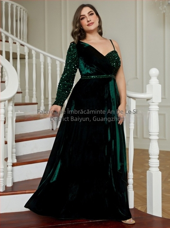 Rochie de seară cu un umăr, paiete, mâneci lungi, talie înaltă, poliester 95%+