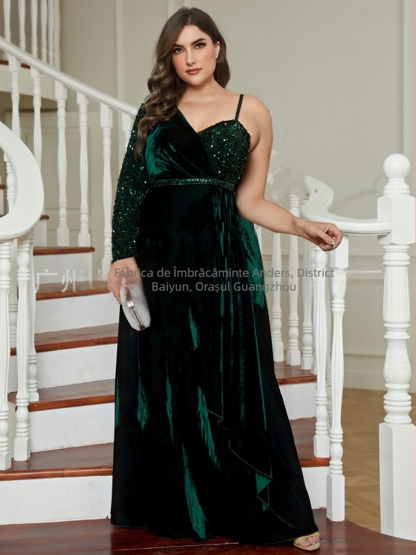 Rochie de seară cu un umăr, paiete, mâneci lungi, talie înaltă, poliester 95%+