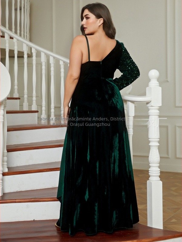 Rochie de seară cu un umăr, paiete, mâneci lungi, talie înaltă, poliester 95%+