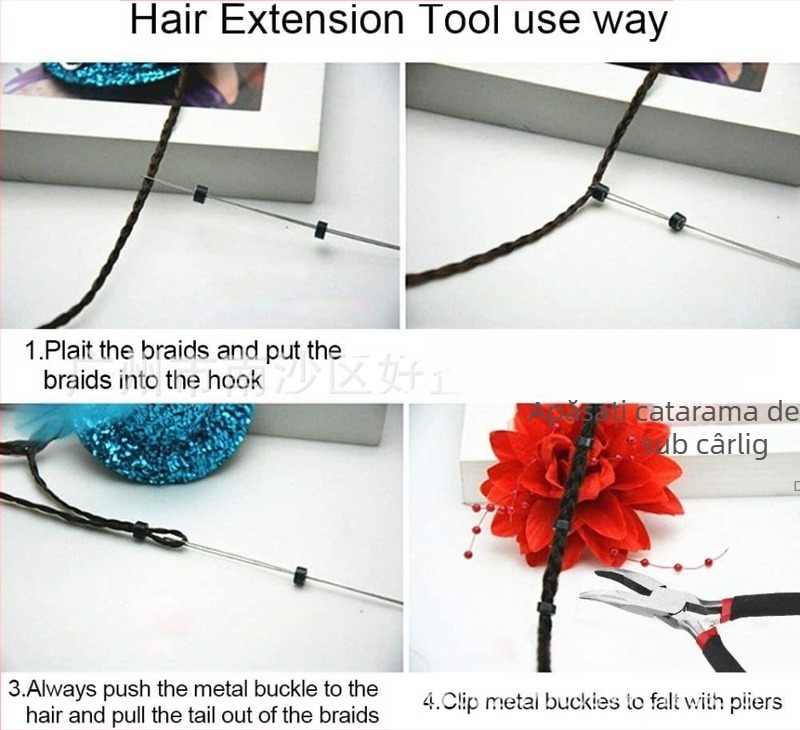 Set de instrumente pentru extensii de păr, 4 piese – clește îndoire, croșet din lemn, inel din silicon pentru extensii, Model H66