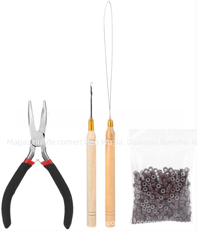 Set de instrumente pentru extensii de păr, 4 piese – clește îndoire, croșet din lemn, inel din silicon pentru extensii, Model H66