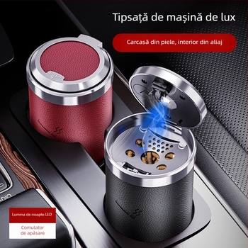 Cenușar auto cu liner din aliaj imitat piele, LED pentru noapte, aspect metal 3D, întrerupător cu apăsare, aproximativ 200 g, pentru mașină și uz casnic