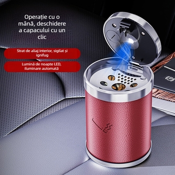 Cenușar auto cu liner din aliaj imitat piele, LED pentru noapte, aspect metal 3D, întrerupător cu apăsare, aproximativ 200 g, pentru mașină și uz casnic