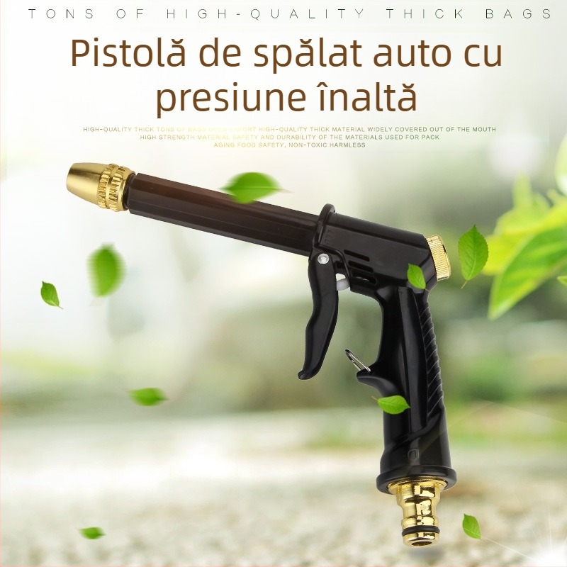 Pistol de spălat auto cu presiune înaltă — cap din aluminiu cu acoperire cupru, mâner din plastic tehnic, distanță de stropire 10–15, presiune apă la robinet, greutate 100 g