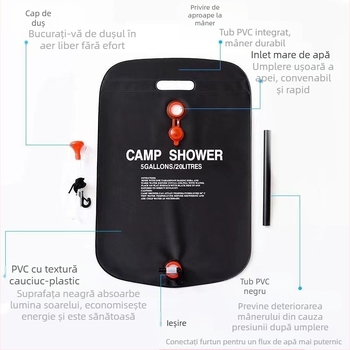 Geantă de apă pliabilă pentru exterior cu încălzire solară, PVC, capacitate 20 L, duș portabil și stocare apă