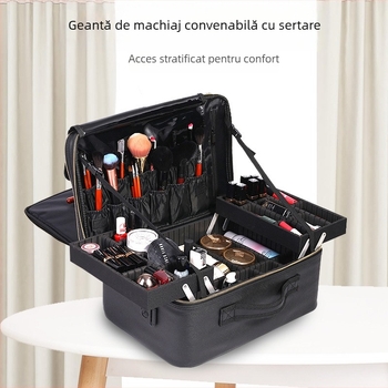 Geantă cosmetică portabilă, capacitate mare, pentru artiști profesioniști în machiaj, depozitare multifuncțională pentru machiaj, unghii și tatuaje, cu fermoar, material PU, greutate 2 kg, strat extensibil