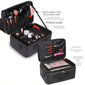 Geantă cosmetică portabilă, capacitate mare, pentru artiști profesioniști în machiaj, depozitare multifuncțională pentru machiaj, unghii și tatuaje, cu fermoar, material PU, greutate 2 kg, strat extensibil