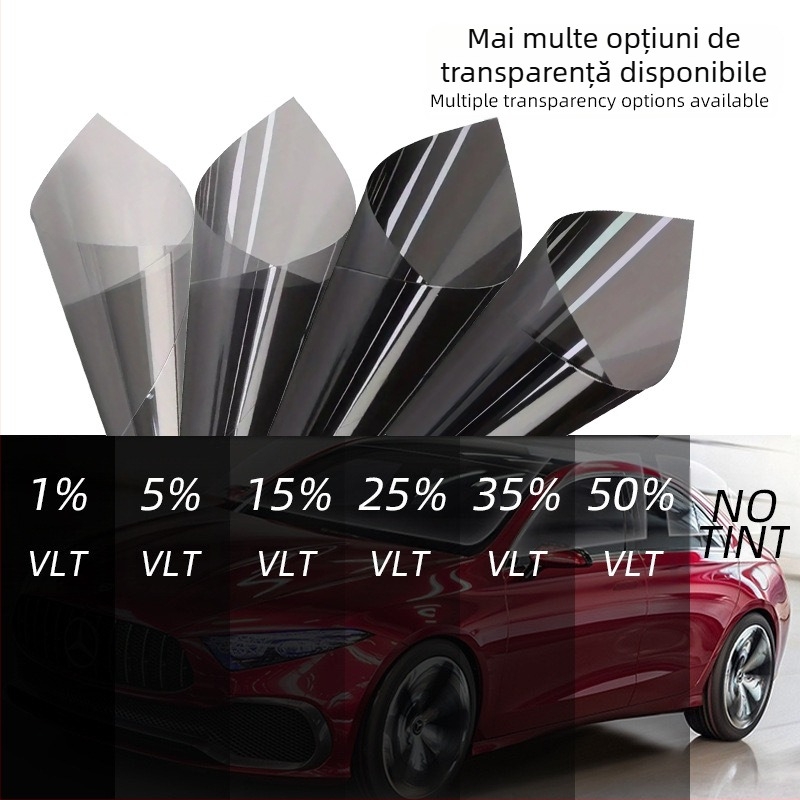 Film pentru geamuri auto | Material PVC | Grosime 1 mil | Transparență luminoasă până la 70% | Izolație termică 60–80% | Protecție UV 99%