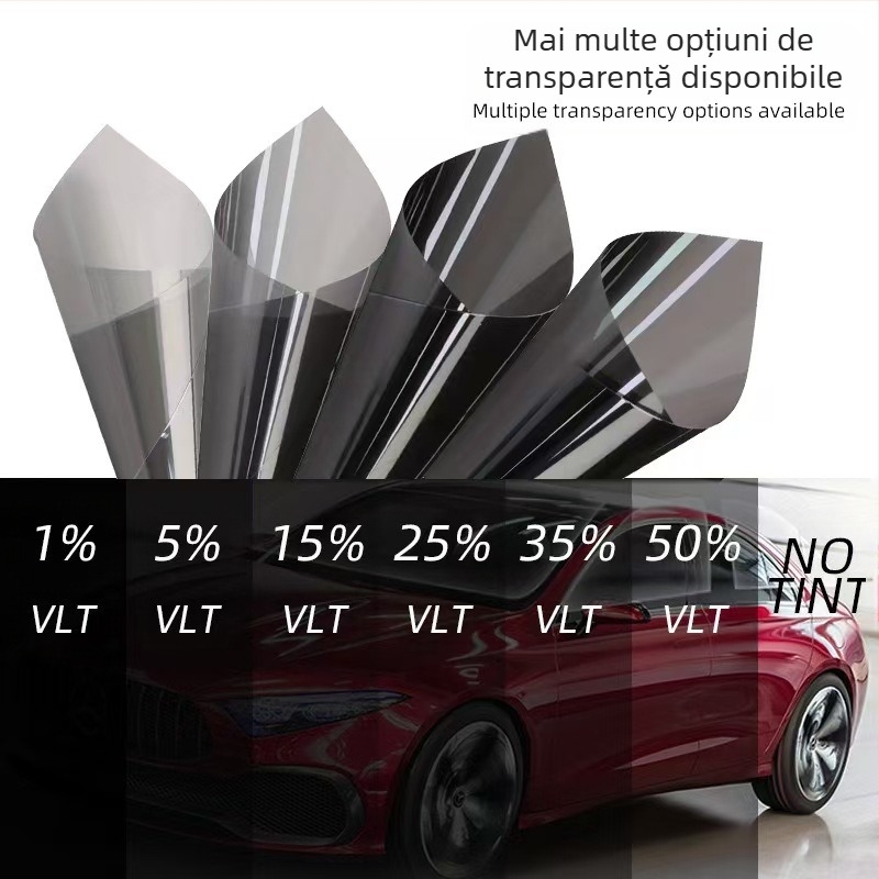 Film solar pentru geamuri auto (PET) | 1–50% transmisie luminoasă | 25–55% izolație termică | Protecție UV 80–99% | grosime 1 mil