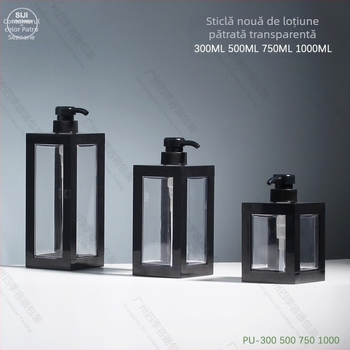 Recipient PET pentru șampon, formă pătrată, cap pompă, turnare prin injecție, serigrafie.