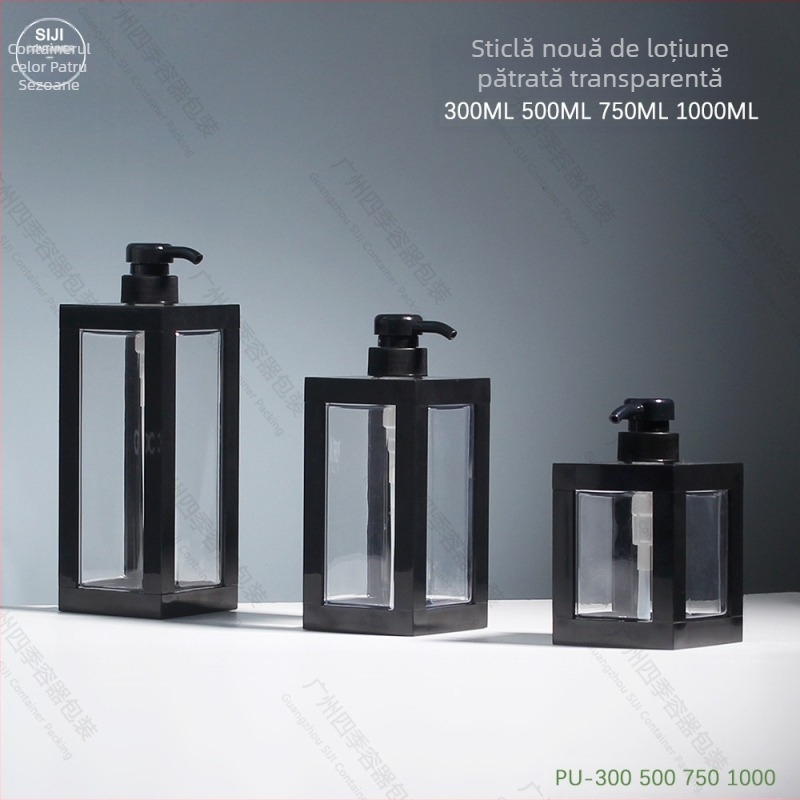 Recipient PET pentru șampon, formă pătrată, cap pompă, turnare prin injecție, serigrafie.
