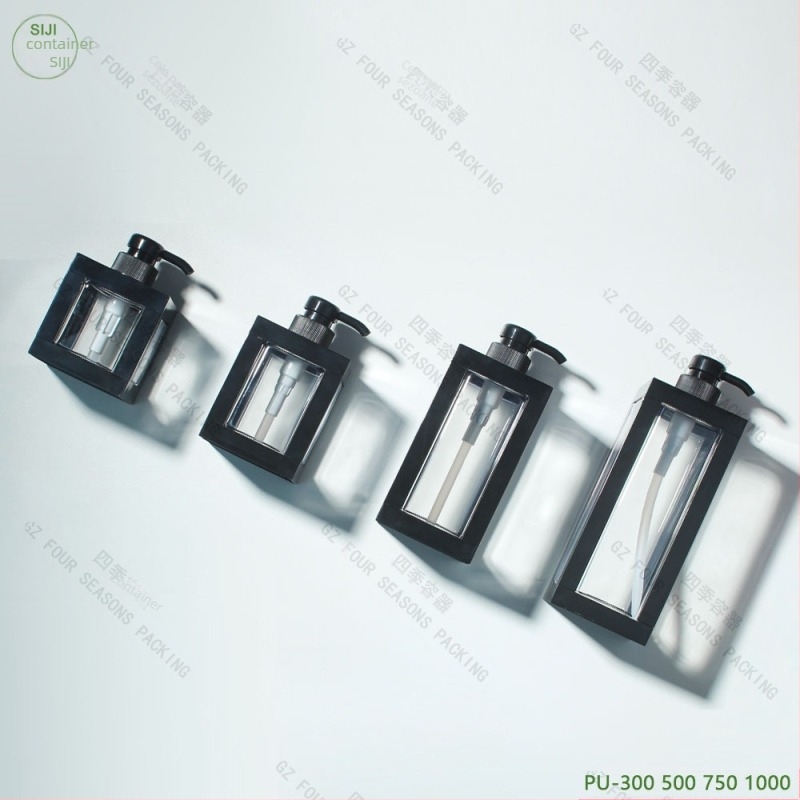 Recipient PET pentru șampon, formă pătrată, cap pompă, turnare prin injecție, serigrafie.