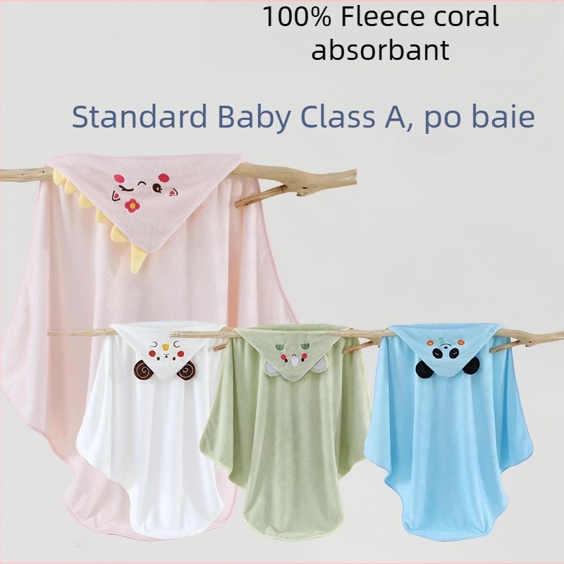 Pătură cu glugă pentru copii din velur coral – broderie cu desene animate, moale și absorbantă, pentru iarnă (material: velur coral; componența principală: 90% poliester; greutate: 360 g; sezon: iarnă; potrivit pentru copii)