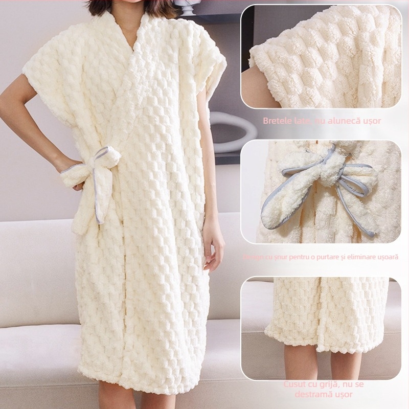 Halat de baie pentru femei din coral fleece, absorbant și confortabil, compoziție principală 80% poliester, greutate 475 g, potrivit pentru toamnă