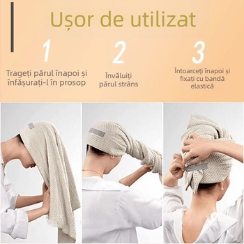 Pălărie pentru uscat părul – lungă, uscare rapidă, absorbantă, catifea coral (Material: catifea coral; Fir: 60s; Proces de producție: catifea tăiată; Greutate: 170–199 g)
