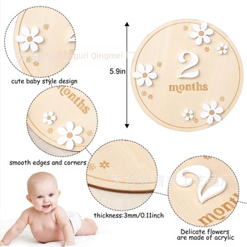 Suvenir din lemn pentru bebeluș – semn de naștere rotund din Boxwood, decor cu floare pe o singură față