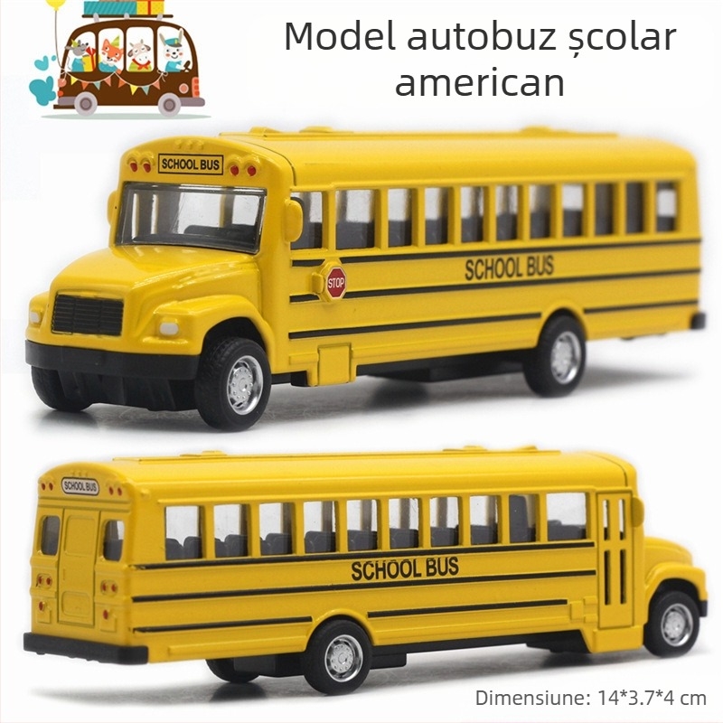 Model autobuz școlar din aliaj cu mecanism pull-back, scară 1:43, Yi Da Xin, jucărie autobuz multifuncțional