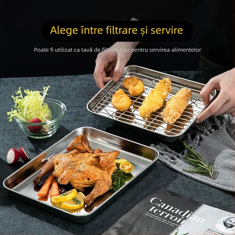 Tavă pătrată din oțel inoxidabilă pentru grătar și coacere, cu suport de drenaj al uleiului și bază din plasă
