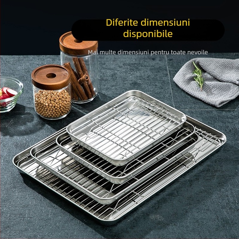 Tavă pătrată din oțel inoxidabilă pentru grătar și coacere, cu suport de drenaj al uleiului și bază din plasă