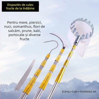 Colector de fructe din oțel inoxidabil, telescopic, pentru înălțimi de 2–9 m; potrivit pentru persimmon, loquat și Toona sinensis; tijă de 9 m din nuc dur