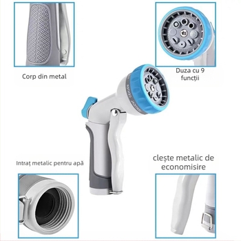 Pușcă metalică de apă multifuncțională pentru grădină, cu duză în opt trepte, presiune înaltă, pentru spălarea mașinii și udarea grădinii