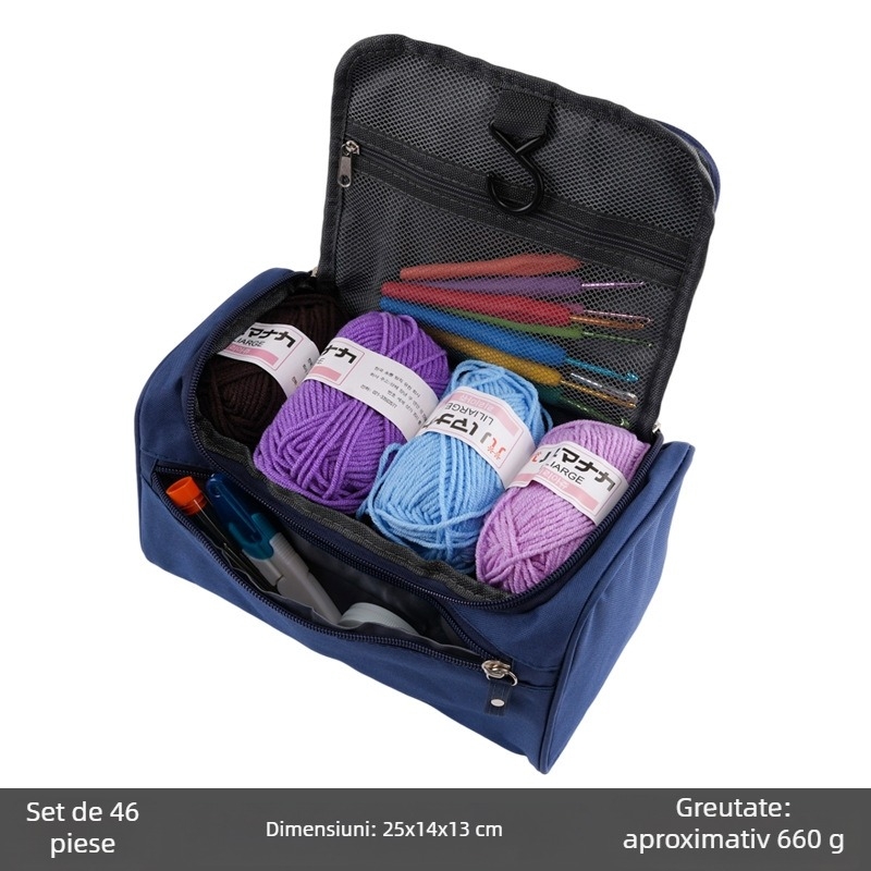 Set croșetă 46 de piese pentru începători, cu husă de depozitare suspendabilă și croșete și accesorii pentru lână
