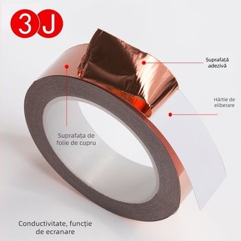 Bandă conductivă unilaterală din folie de cupru pentru ecranare EMI — autoadezivă, grosime 0,05 mm, substrat: folie de cupru, temperatură normală