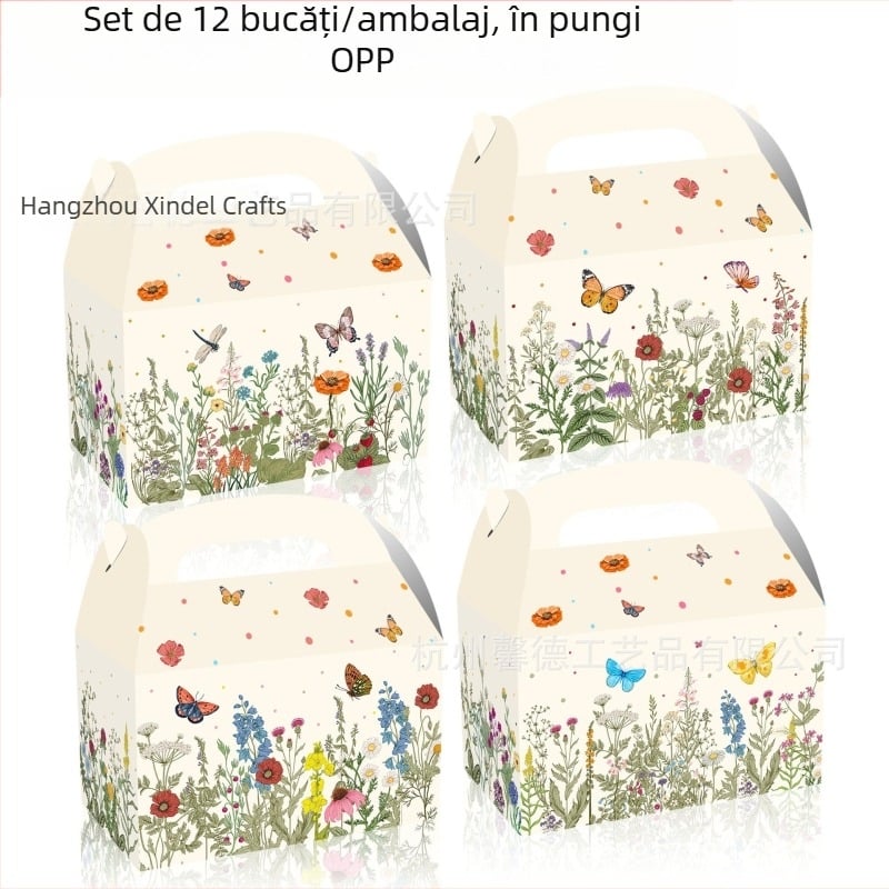 Cutie cadou pentru bomboane cu design floral, cutie portabilă din carton, 250gsm carton alb, imprimare UV cu siglă, diametru interior 15,9 cm