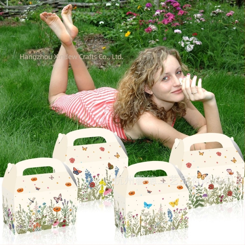 Cutie cadou pentru bomboane cu design floral, cutie portabilă din carton, 250gsm carton alb, imprimare UV cu siglă, diametru interior 15,9 cm