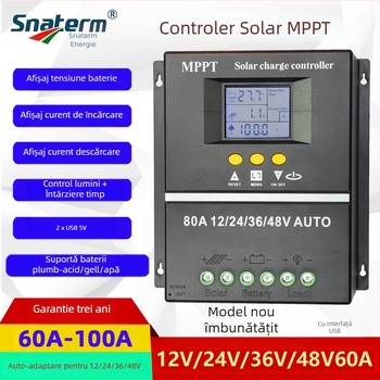 Controler MPPT pentru panouri solare, seria 100A/80A/60A, 12/24/36/48V, interfață USB, consum de 1W