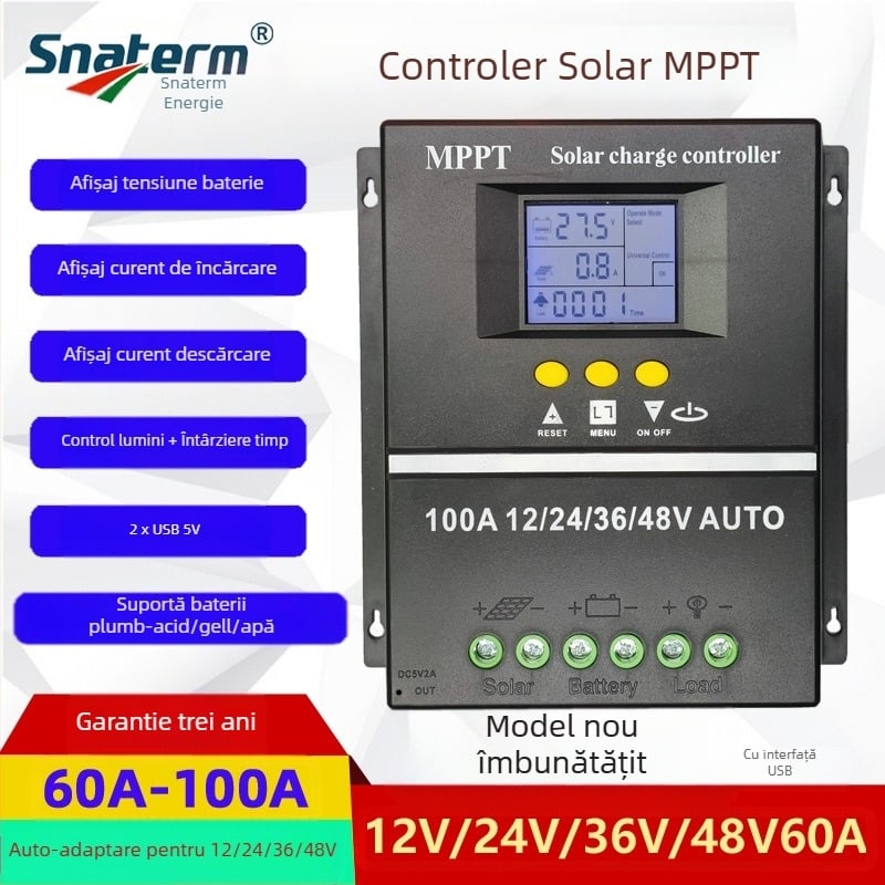 Controler MPPT pentru panouri solare, seria 100A/80A/60A, 12/24/36/48V, interfață USB, consum de 1W