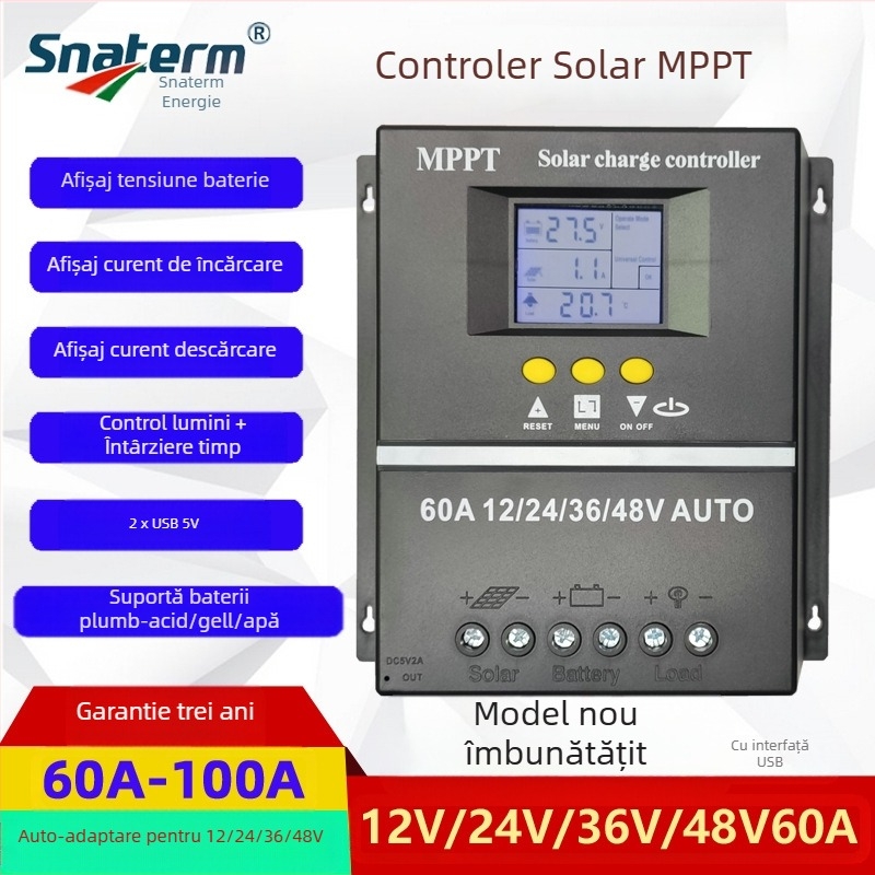Controler MPPT pentru panouri solare, seria 100A/80A/60A, 12/24/36/48V, interfață USB, consum de 1W