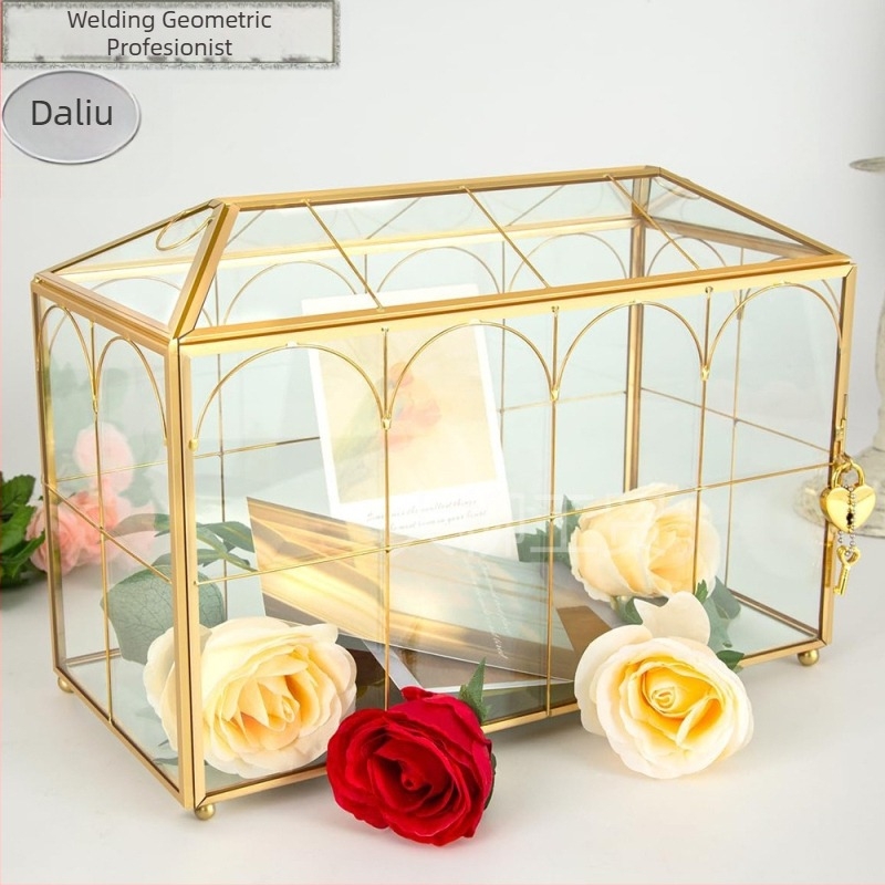 Cutie geometrică din sticlă pentru invitații de nuntă, capac basculant