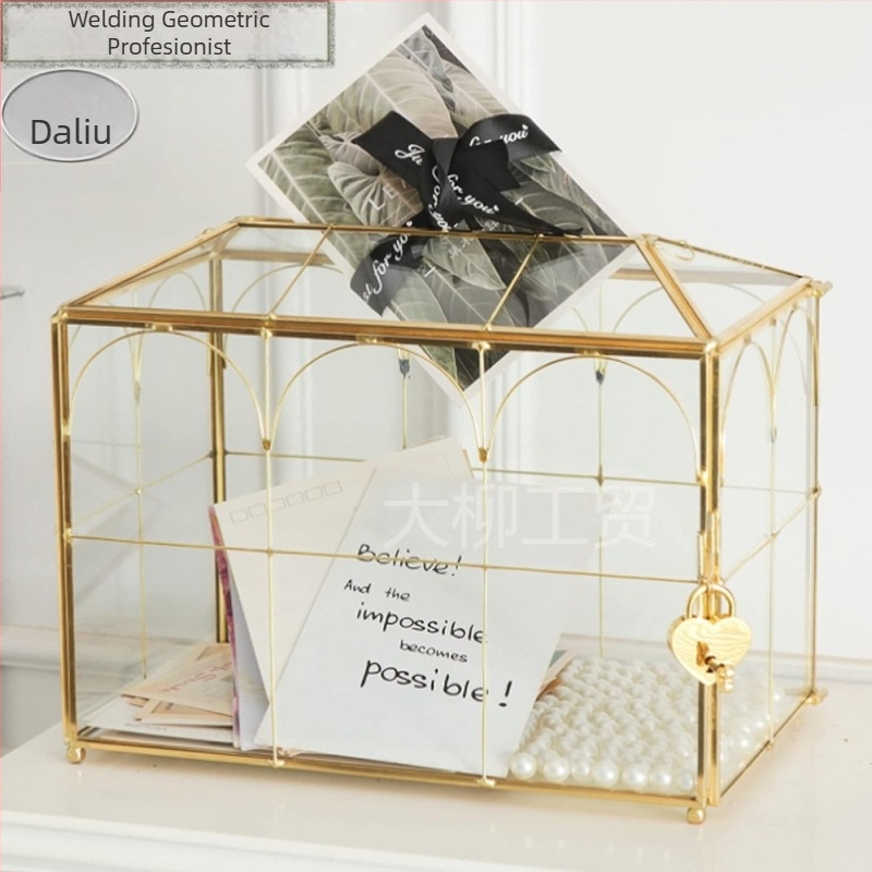 Cutie geometrică din sticlă pentru invitații de nuntă, capac basculant