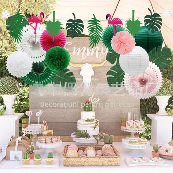 Set de drapele decorative din hârtie pentru plajă de vară, cu flamingo, ananas și flori – stil geometric, modern și simplu.