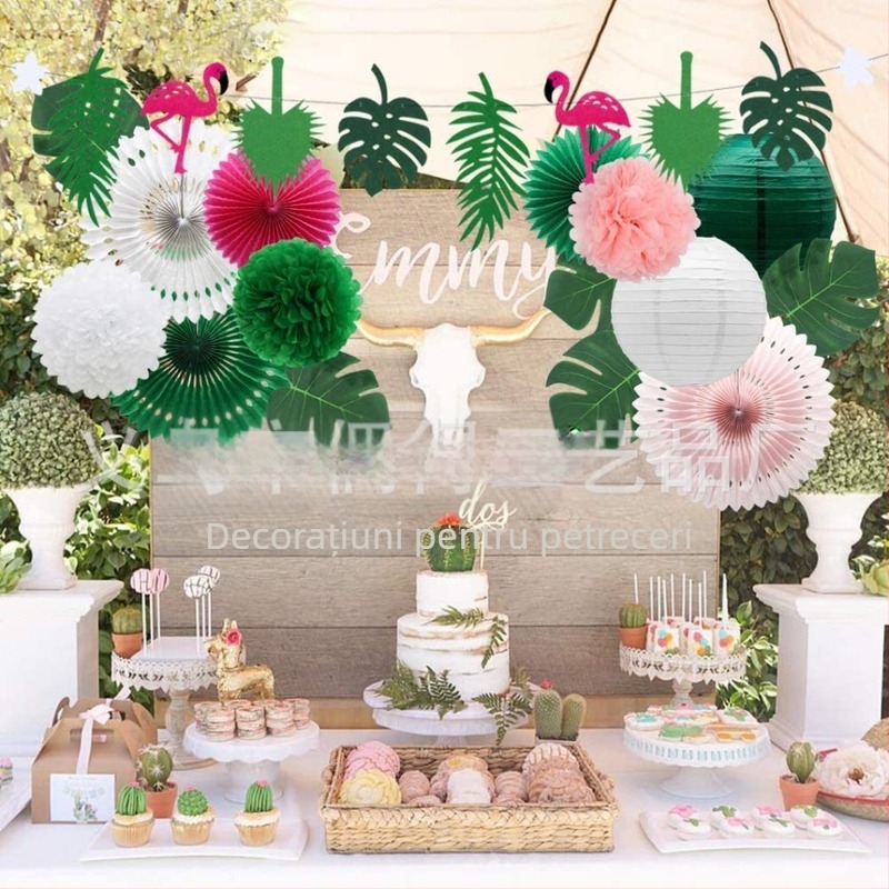 Set de drapele decorative din hârtie pentru plajă de vară, cu flamingo, ananas și flori – stil geometric, modern și simplu.