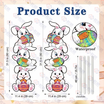 Set de 2 semne de grădină de Paște cu iepurași, stâlpi PP pentru înfigere în pământ, modele cu ouă, impermeabile și UV rezistente