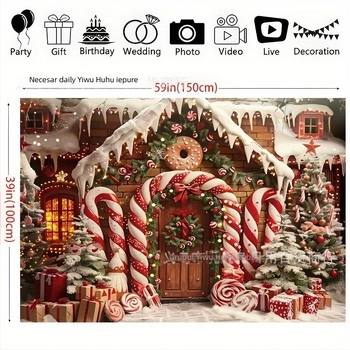 Tapiserie de perete: Cabana de Crăciun confortabilă cu fundal de bețe de zahăr, poliester, stil Gingerbread man crutches, ornament de Crăciun, decor pentru aranjarea spațiului