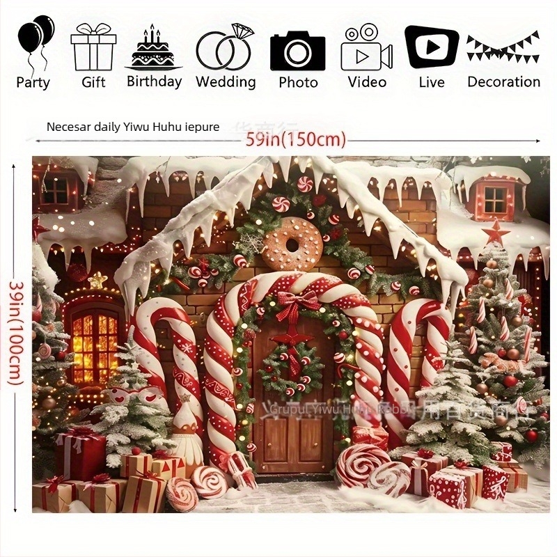 Tapiserie de perete: Cabana de Crăciun confortabilă cu fundal de bețe de zahăr, poliester, stil Gingerbread man crutches, ornament de Crăciun, decor pentru aranjarea spațiului