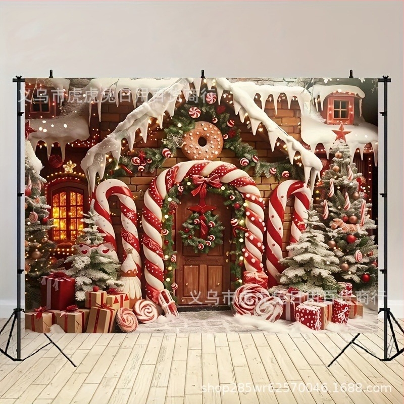 Tapiserie de perete: Cabana de Crăciun confortabilă cu fundal de bețe de zahăr, poliester, stil Gingerbread man crutches, ornament de Crăciun, decor pentru aranjarea spațiului