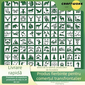 Șabloane DIY pentru pictură cu animale din pădure, 100 de bucăți, PET, reutilizabile, ușor de curățat
