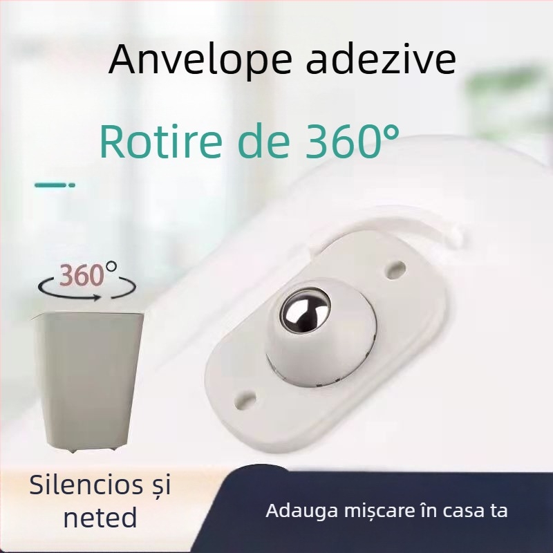 Role universale pivotante – ABS + oțel inoxidabil, pentru ghivece și coșuri de gunoi, tip bilă, montaj cu bandă adezivă fără găuri