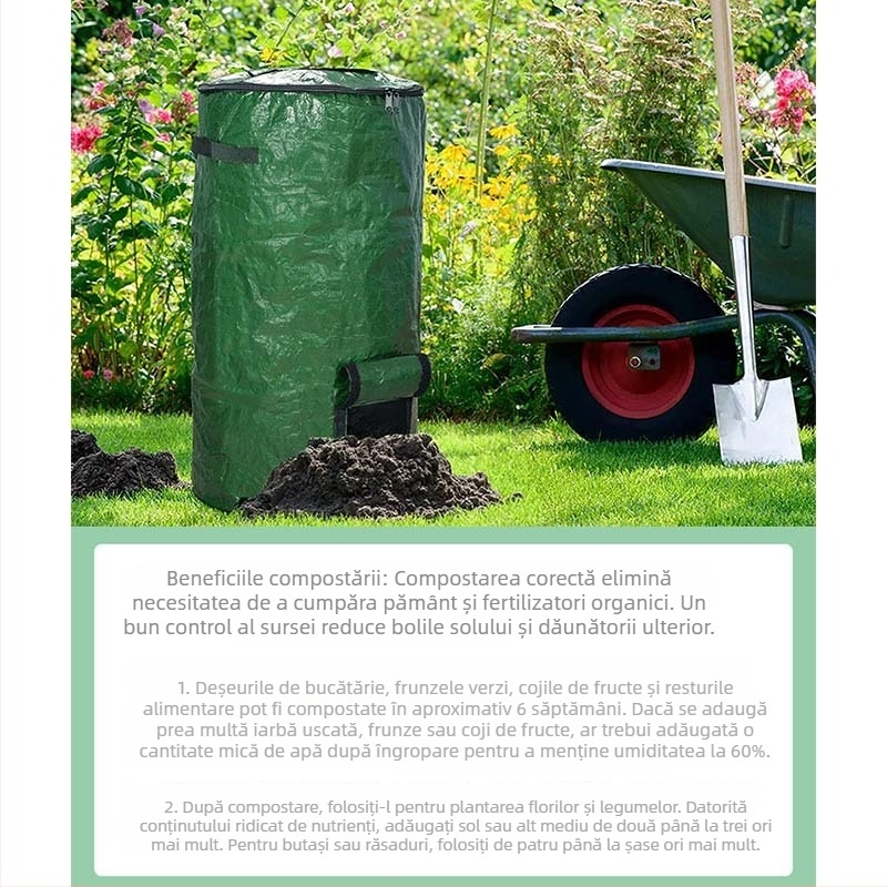 Sac de compost organic cu fermentare probiotică, sigilabil, pentru grădină și deșeuri din frunze