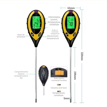 Tester de sol 4 în 1: umiditate, pH, senzor de nutrienți și termometru; pentru grădinărit și plantare; greutate 115 g