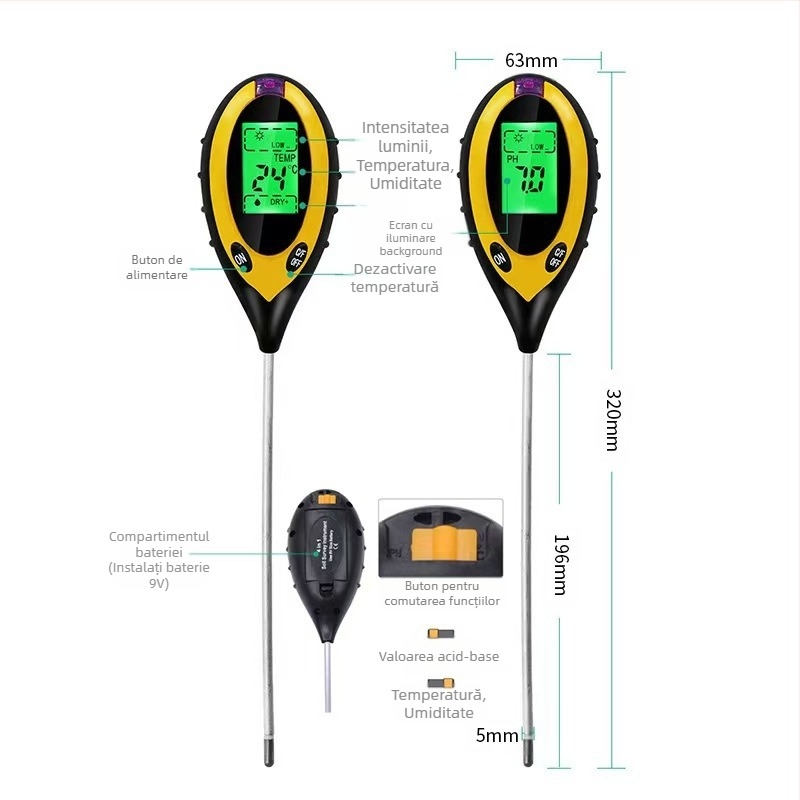 Tester de sol 4 în 1: umiditate, pH, senzor de nutrienți și termometru; pentru grădinărit și plantare; greutate 115 g