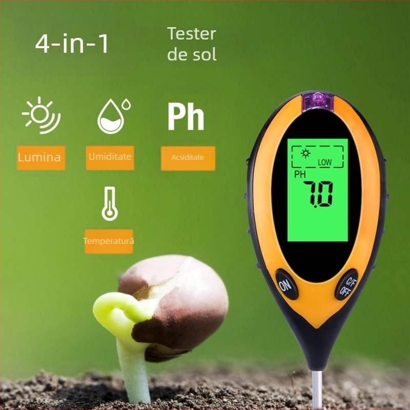 Tester de sol 4 în 1: umiditate, pH, senzor de nutrienți și termometru; pentru grădinărit și plantare; greutate 115 g
