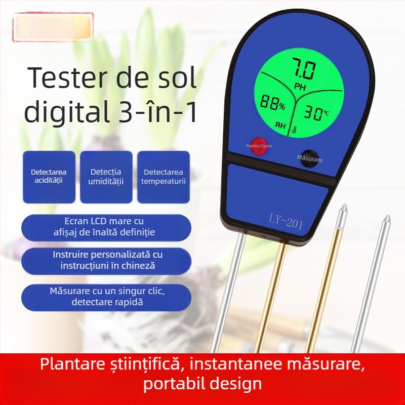 Detector de pH al solului cu afișaj digital pentru pH, temperatură și umiditate, LY201, precizie ±1