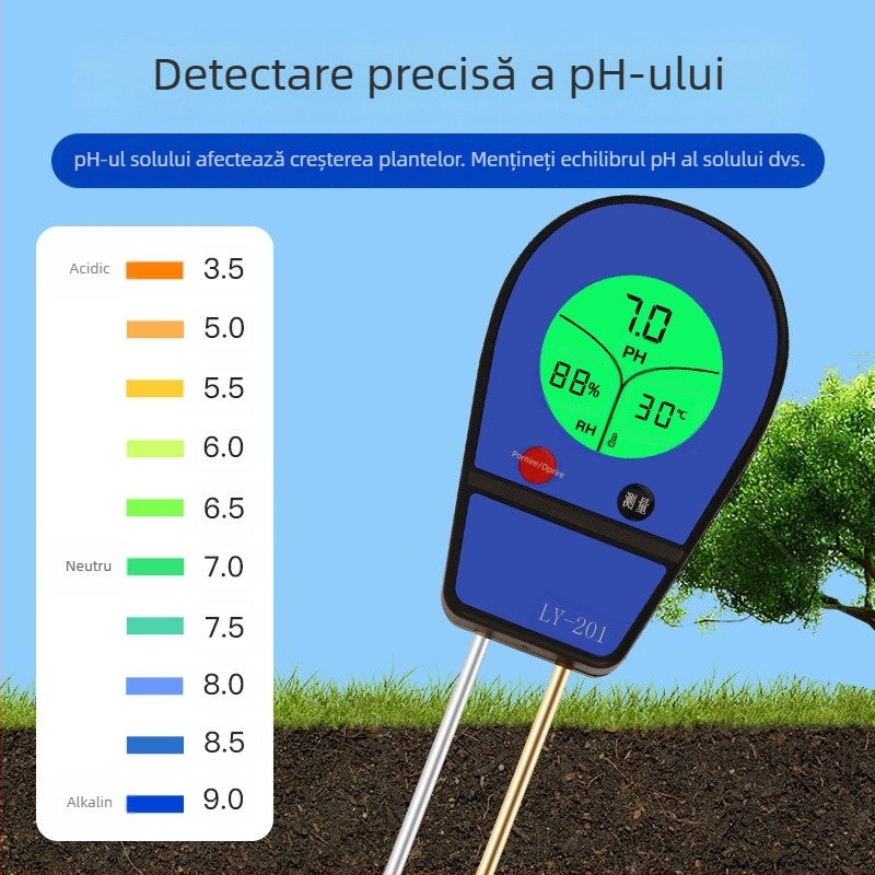 Detector de pH al solului cu afișaj digital pentru pH, temperatură și umiditate, LY201, precizie ±1