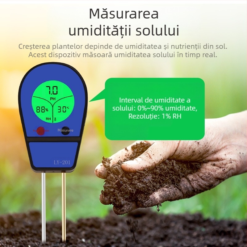 Detector de pH al solului cu afișaj digital pentru pH, temperatură și umiditate, LY201, precizie ±1