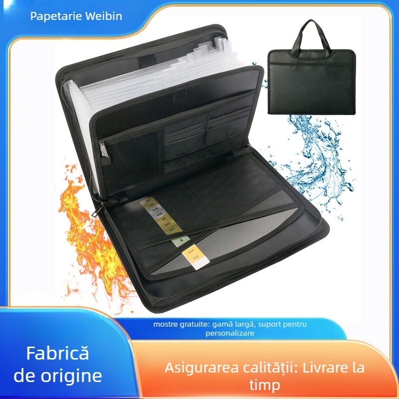 Wei Bin WB-FHFQ-01 Mapă din piele tip acordeon pentru documente, 12 compartimente, 13 buzunare, pagini interioare transparente, buzunare frontale și din spate, logo imprimat, opțiune de personalizare